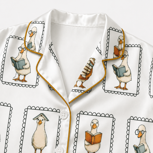 PJ-M023-Novelty Reading Duck Illustrated Pattern White Satin Button Front Sleepwear Pajama Lounge Matching Set