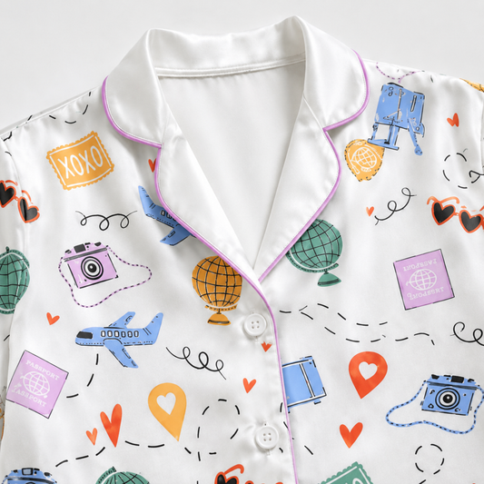 PJ-M024-Airplane And Globe Travel Theme White Satin Button Down Sleepwear Pajama Lounge Coordinate Set
