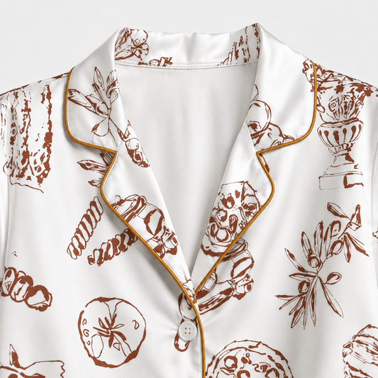 PJ-M025-Mediterranean Italian Food And Wine Print White Satin Button Down Sleepwear Pajama Lounge Set