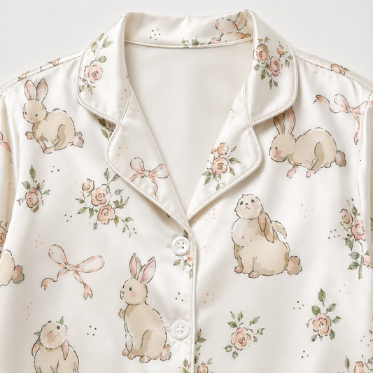 PJ-M027-Cute Watercolor Bunny And Pink Rose Floral White Satin Button Down Pajama Lounge Set