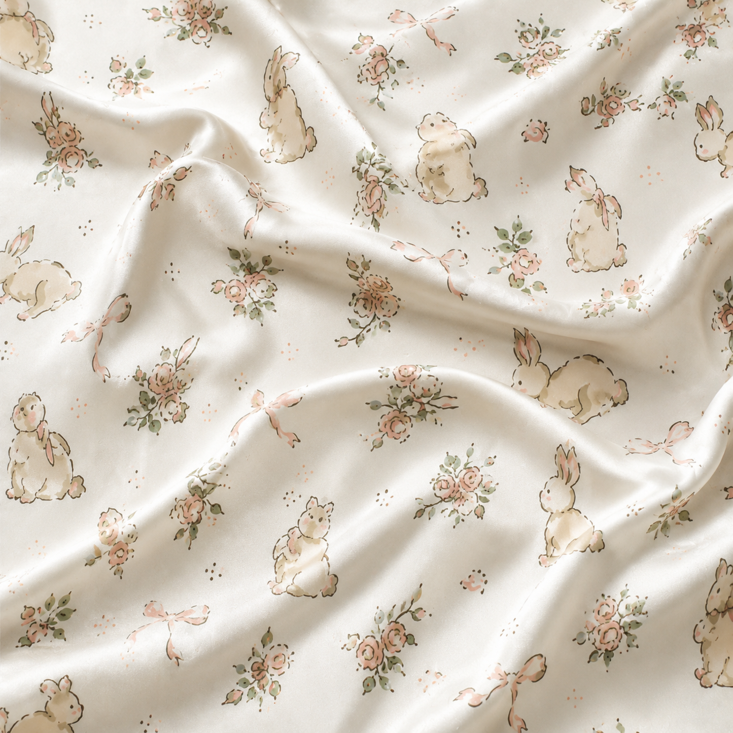 PJ-M027-Cute Watercolor Bunny And Pink Rose Floral White Satin Button Down Pajama Lounge Set