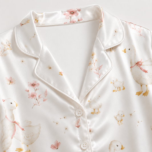 PJ-M028-Watercolor Goose And Delicate Pink Floral Print White Satin Button Down Pajama Set