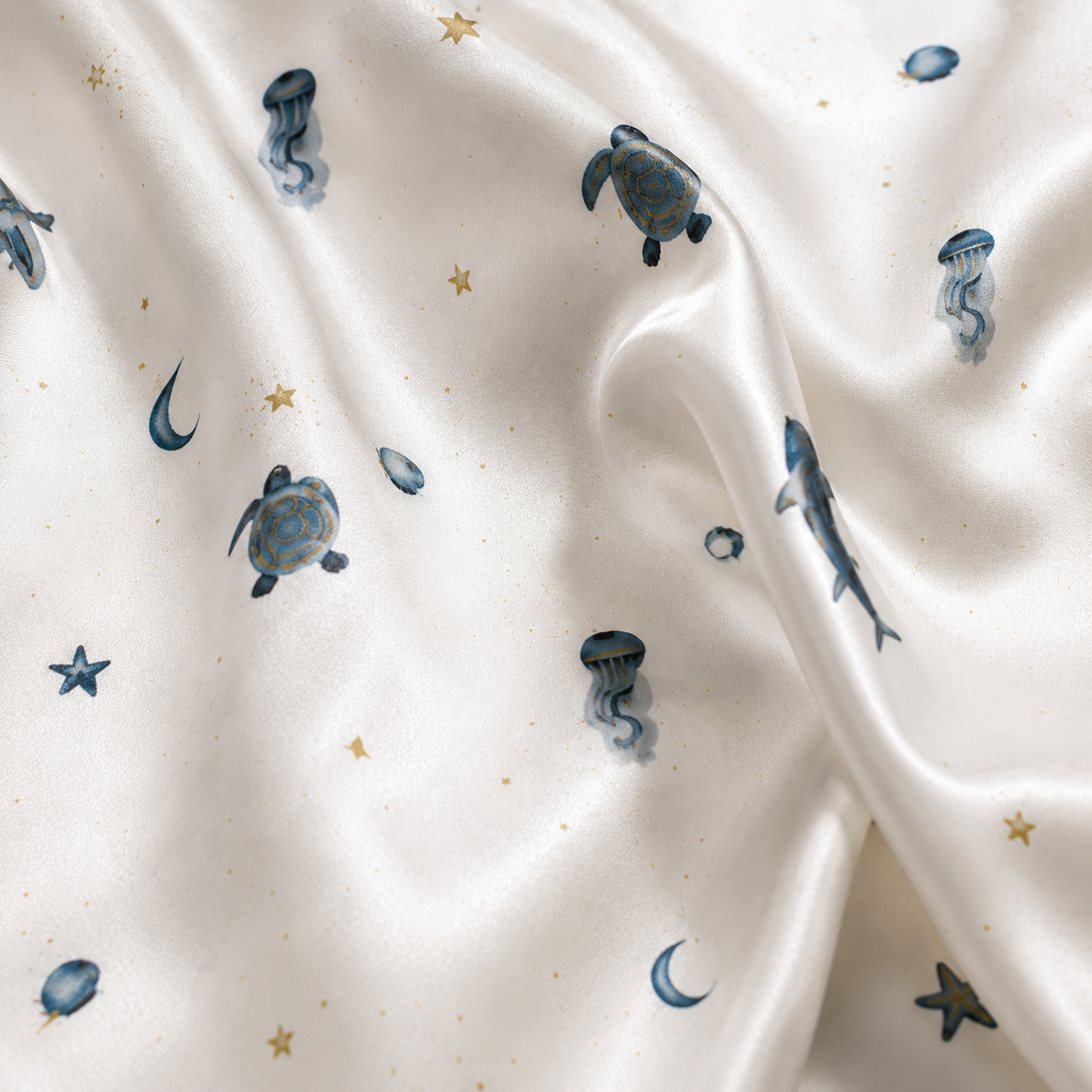 PJ-M031-White Satin Sea Pajama Apparel, Black Piped Turtle Pattern Sleeve Loungewear Sleepwear Collection Clothing