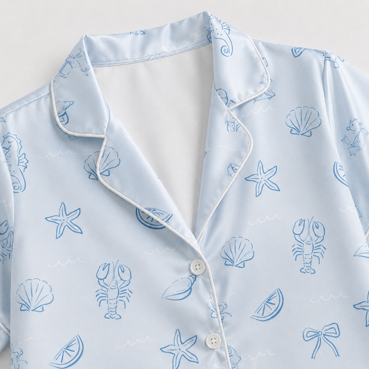 PJ-M038-White Satin Seashell Pajama Apparel, Blue Starfish Pattern Sleeve Loungewear Sleepwear Collection Clothing