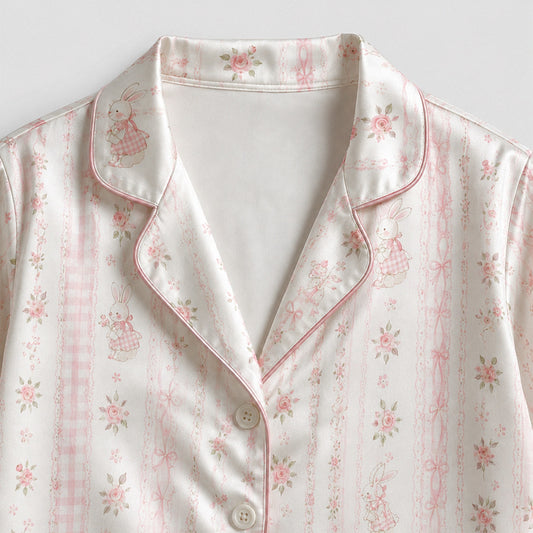 PJ-M040-White Satin Ribbon Pajama Apparel, Pink Floral Pattern Sleeve Loungewear Sleepwear Collection Clothing