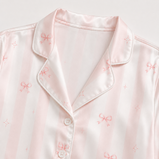 PJ-M043-Blush Silk Dog Pajama Apparel, Crimson Bow Graphic Short Sleeve Loungewear Sleepwear Collection Raiment