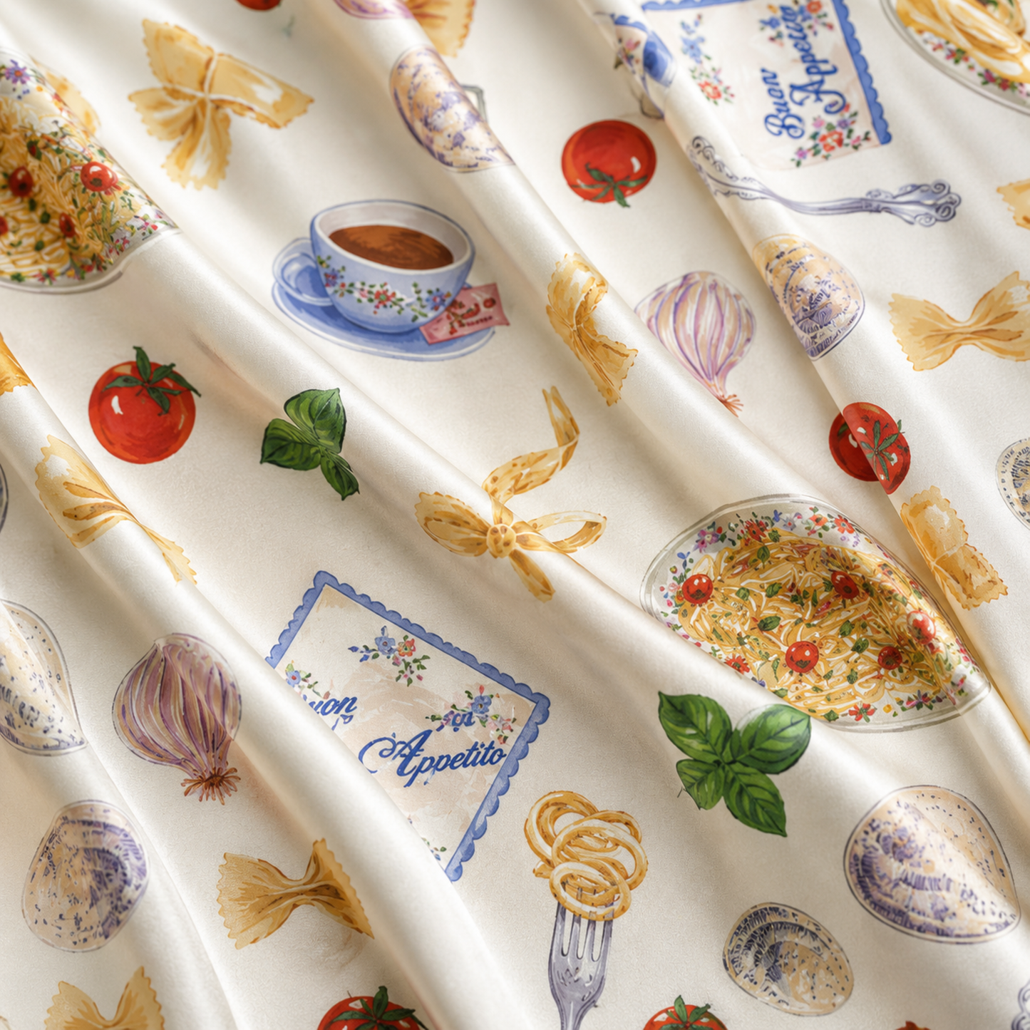 PJ-M047- Italian Cuisine Pasta And Tomato Graphic White Satin Button Front Sleepwear Pajama Set