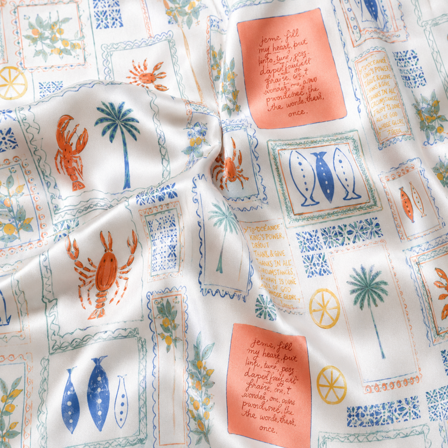 PJ-M049-Coastal Summer Vacation Crab Lobster Palm Tree Print White Satin Button Down Pajama Set