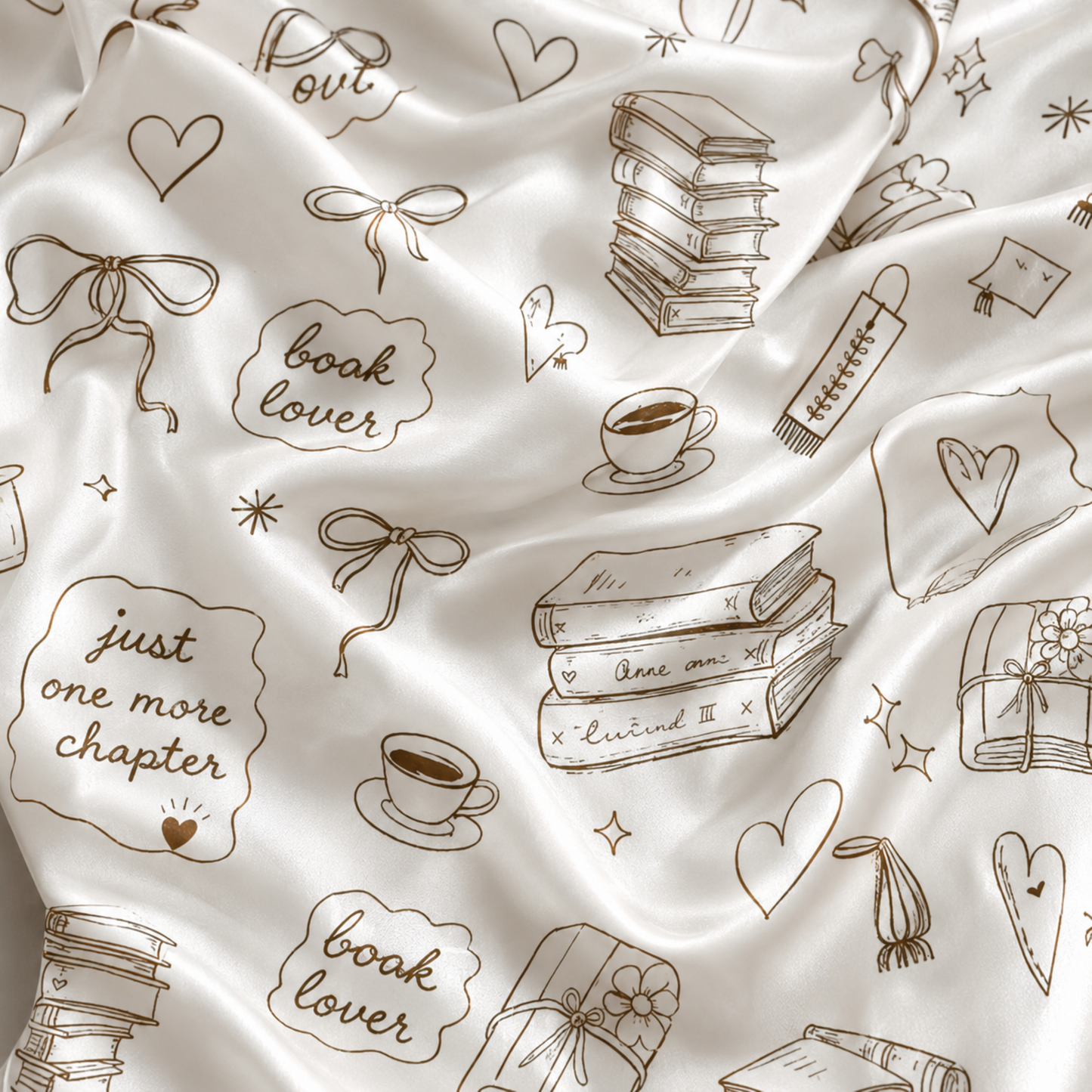 PJ-M061-Bookish Line Art Satin Pajamas Literary Coffee Reading Lounge Set Pjs