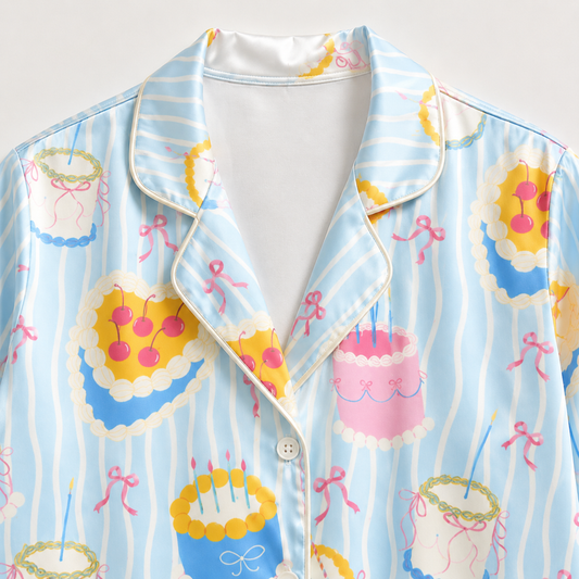 PJ-M107-Blue Satin Cake Pajama Apparel, Pink Stripe Pattern Short Sleeve Loungewear Sleepwear Collection Clothing