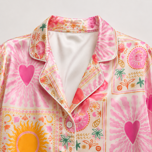PJ-M109-Magenta Poly Hippie Pajama Apparel, Sweet Tropical Printed Short Sleeve Loungewear Sleepwear Collection Attire
