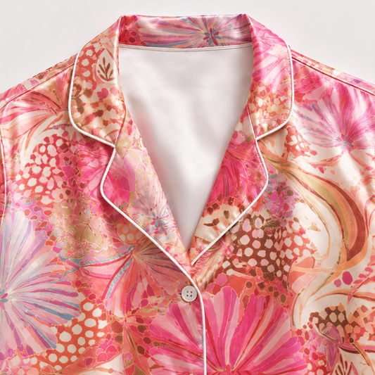 PJ-M110-Pink Satin Retro Pajama Apparel, Coral Floral Pattern Short Sleeve Loungewear Sleepwear Collection Clothing