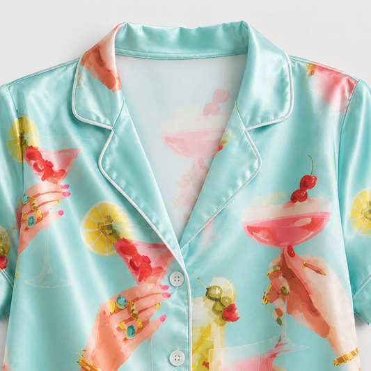 PJ-M112-Cerulean Satin Novelty Pajama Apparel, Elegant Martini Layout Short Sleeve Loungewear Sleepwear Collection Garments