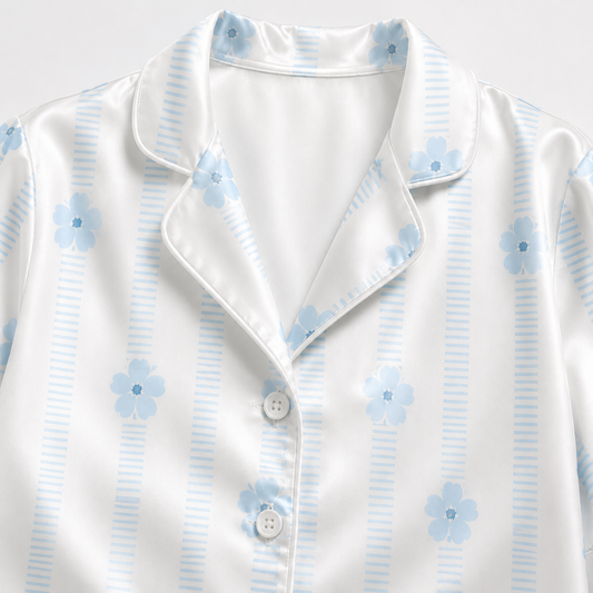 PJ-M162-Blue Floral Striped Satin Pajama Set Daisy Two Piece Sleepwear Button Up Loungewear