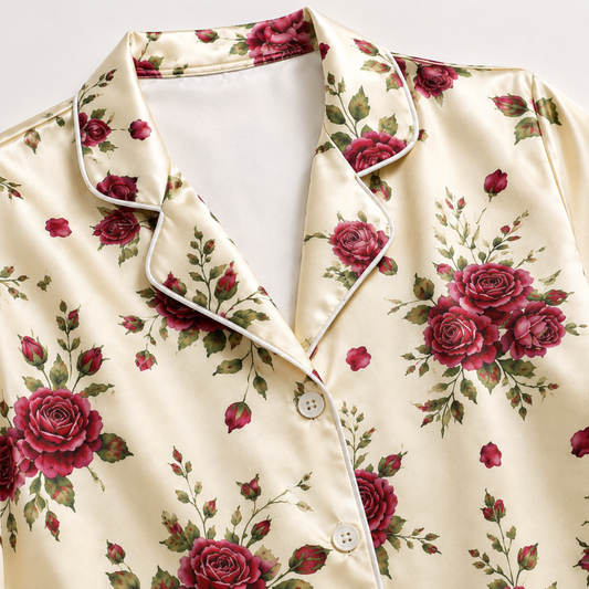 PJ-M171-Cream Satin Rose Pajama Apparel, Floral Botanical Pattern Loungewear Sleepwear Collection Top Bottom Clothing
