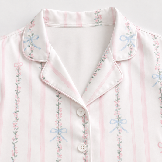 PJ-M186-Silk Aesthetic Pajama Apparel, Whimsical Bow Graphic Loungewear Sleepwear Collection Top Bottom Raiment