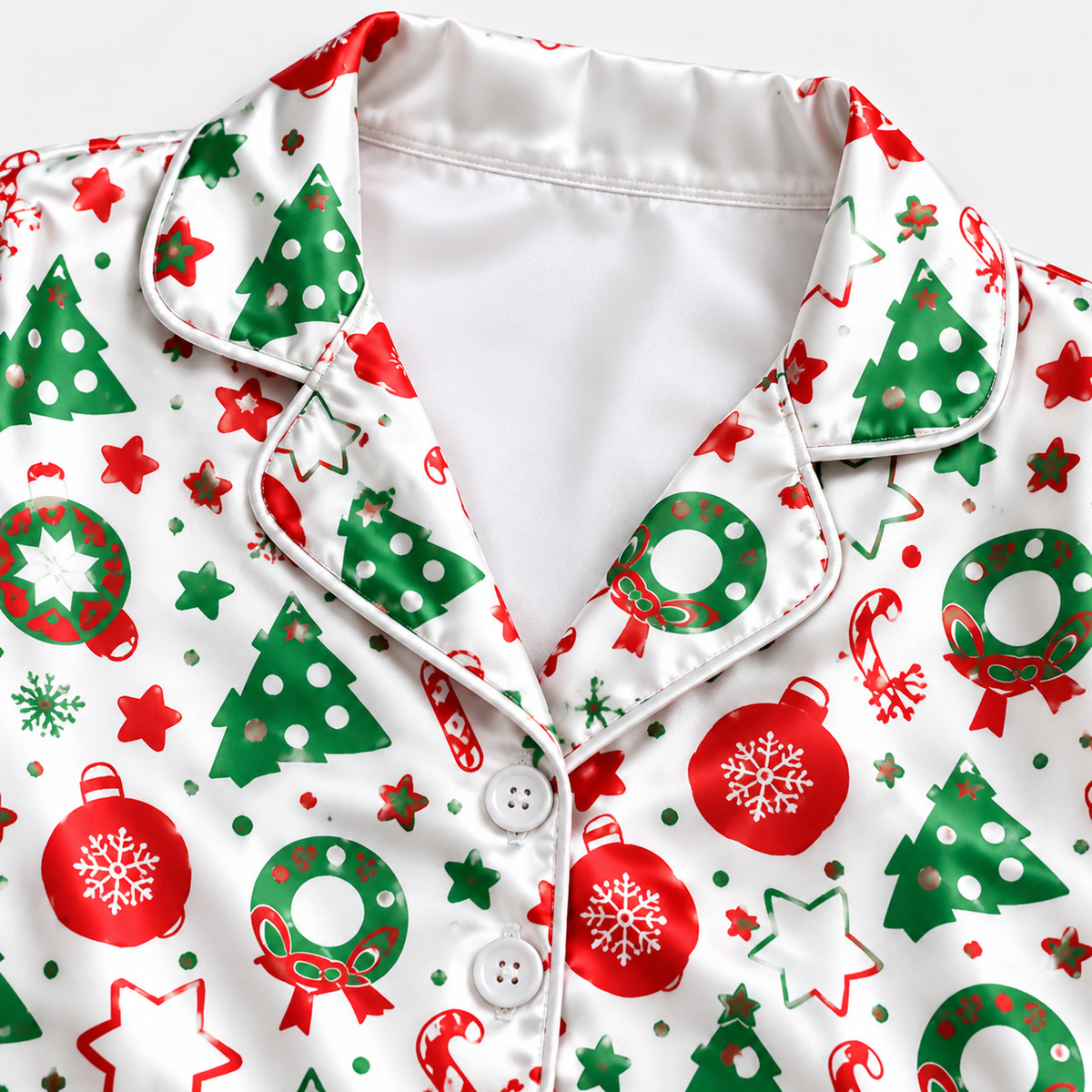 PJ-M1962-Festive Christmas Satin Pajama Set, Christmas Tree Candy Cane Ornament Holiday Sleepwear