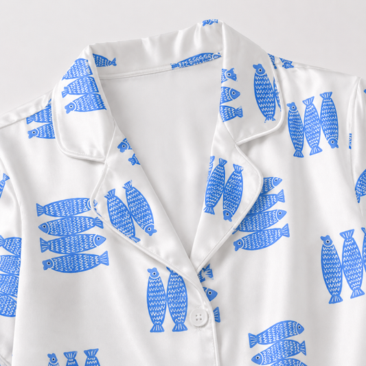 PJ-M199-Blue Satin Fish Pajama Apparel, Botanical Pattern Loungewear Sleepwear Collection Top Bottom Clothing