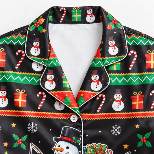 PJ-M2085-Christmas Snowman Fishing Satin Pajama Set, Koi Fish Festive Holiday Winter Sleepwear