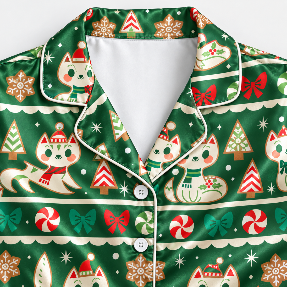 PJ-M2130-Christmas Cat Satin Pajama Set in Brown or Green with Candy Canes Bows Gingerbread Snowflakes and Festive Holiday Pattern