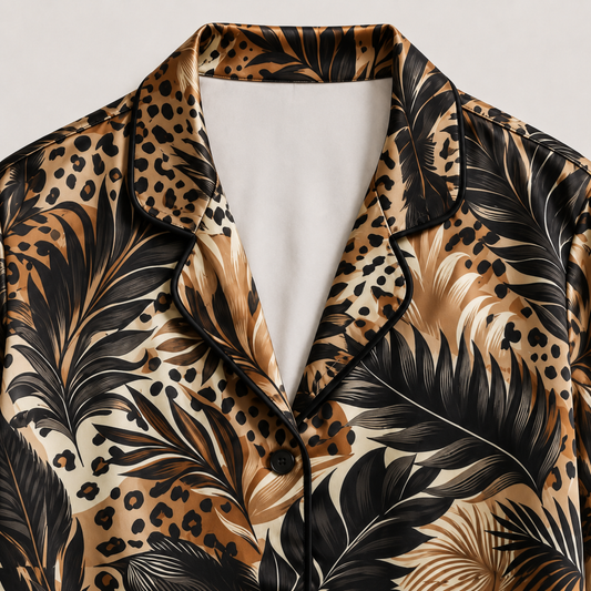 PJ-M214-Brown Poly Animal Pajama Apparel, Leaf Pattern Loungewear Sleepwear Collection Top Bottom Matching Clothing