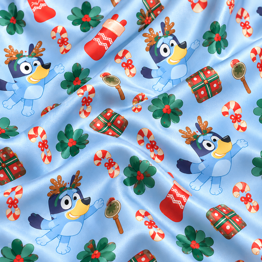 PJ-M2180-Bluey Christmas Reindeer Satin Pajama Set, Festive Cartoon Holiday Sleepwear Gift