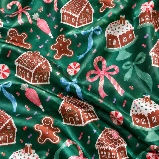 PJ-M2183-Gingerbread Christmas Satin Pajama Set, Candy Cane Gingerbread House Peppermint Festive Holiday Sleepwear