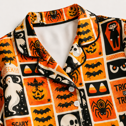 PJ-M239-Orange Halloween Pajama Apparel, Spooky Pattern Loungewear Sleepwear Collection Top Bottom Matching Clothing