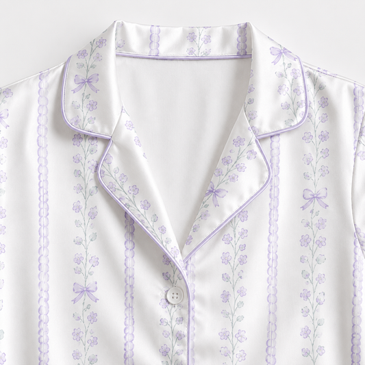 PJ-M256-Elegant Floral Satin Pajama Set, Comfortable Matching Nightwear and Loungewear