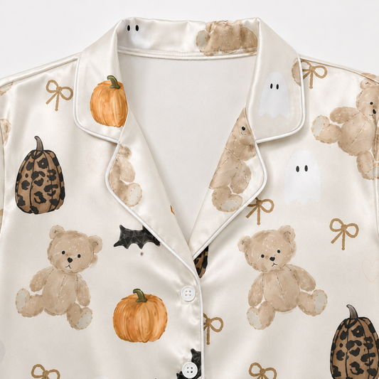 PJ-M265-Halloween Pattern Sleepwear Collection, Satin Pajama Set for Cozy Nights and Lounging