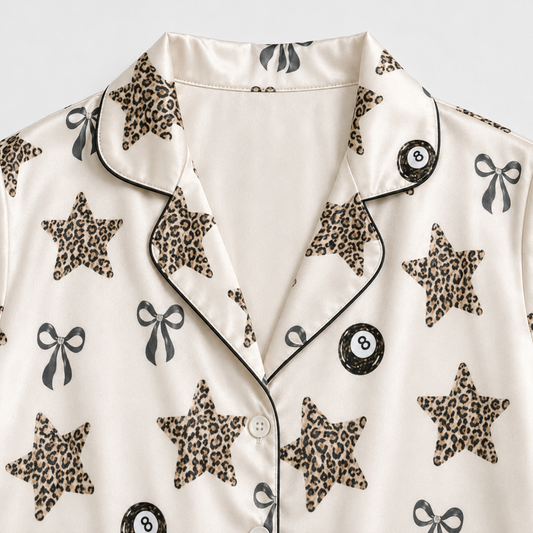 PJ-M266-Billiards Satin Pajama Set with Pool Balls, Stars and Cue Game Pattern for Cozy Sleepwear and Playful Loungewear
