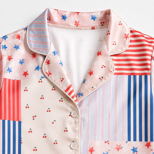PJ-M267-Patriotic Stars & Stripes Satin Pajama Set with Americana Pattern for Fourth of July Celebrations and Festive Loungewear