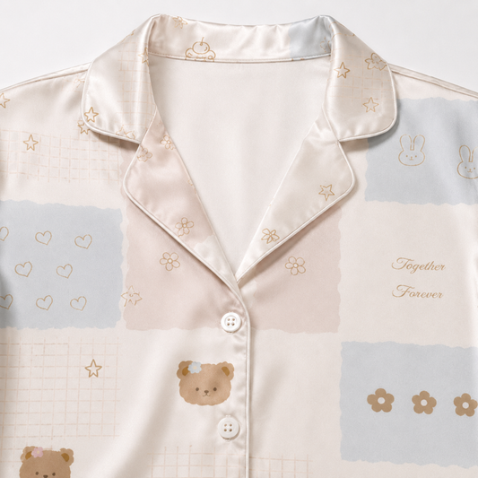 PJ-M274-Classic Ribbon Teddy Design Satin Pajama Set, Luxurious Matching Sleepwear Collection