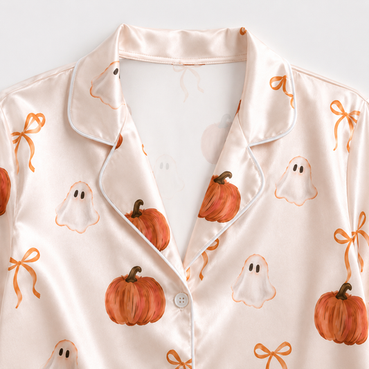 PJ-M279-Halloween Pumpkin Satin Pajama Set with Playful Autumn Pattern for Comfortable Matching Sleepwear