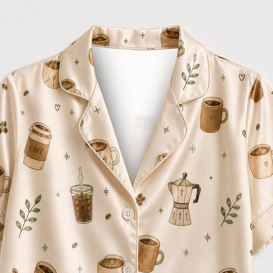 PJ-M282-Coffee Lover Pajama Set with Adorable Mug Print and Soft Everyday Comfort