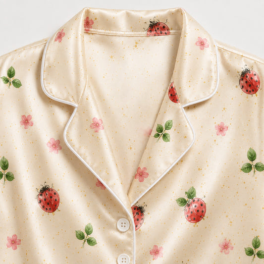 PJ-M283-Botanical Ladybugs Print Pajama Set with Relaxed Fit and Soft Everyday Comfort