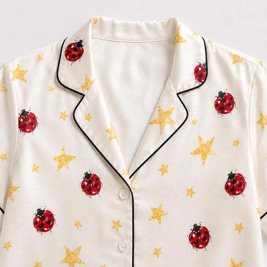 PJ-M285-Whimsical Ladybug Print Lounge Set – Soft Satin Comfort