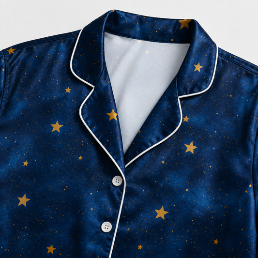 PJ-M287-Star Print Satin Pajama Set, Soft Matching Sleepwear for Everyday Comfort