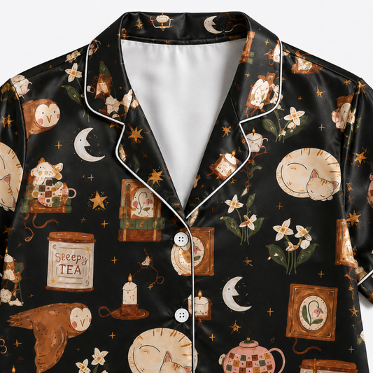 PJ-M291-Halloween Satin Pajama Set with Festive Seasonal Pattern for Cozy Lounge Sleepwear