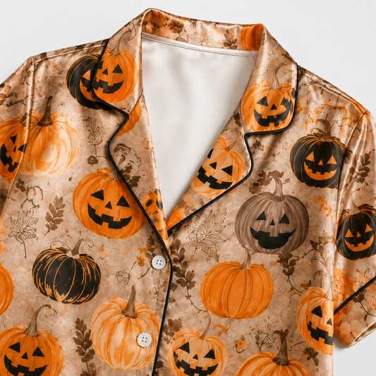 PJ-M300-Halloween Pattern Satin Pajama Set, Soft Matching Sleepwear for Everyday Comfort