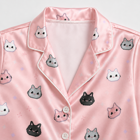 PJ-M305-Cozy Pajama Set Adorned With Cute Paw Print And Cat Face Patterns For A Fun Look