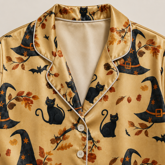 PJ-M317-Classic Halloween Celebration Pajama Set Featuring Iconic Seasonal Symbols On Soft And Comfortable Premium Brushed Cotton Fabric