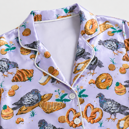 PJ-M343-Lilac Satin Pigeon And Pastry Print Pajamas Sleepwear Set