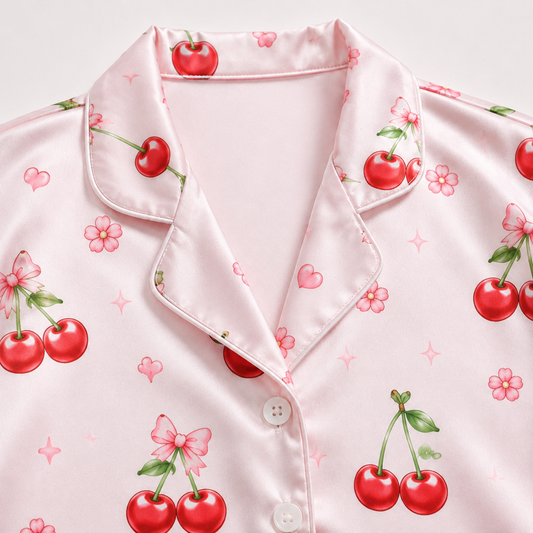 PJ-M362-Pink Satin Sweet Cherry Bow Print Pajamas Coquette Sleepwear