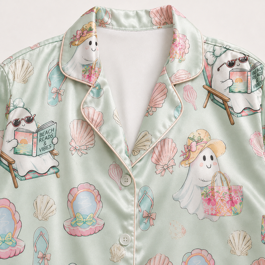 PJ-M384-Pastel Summerween Ghost Satin Pajamas Mint Green Coastal Beach Seashell Sleepwear