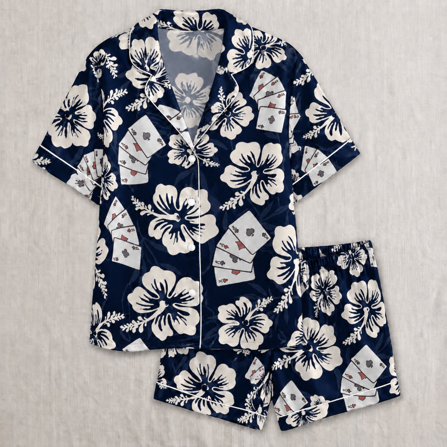 PJ-056-Satin Colorful Hibiscus Casino White Piping Button Up Pajama Set FREE SHIPPING