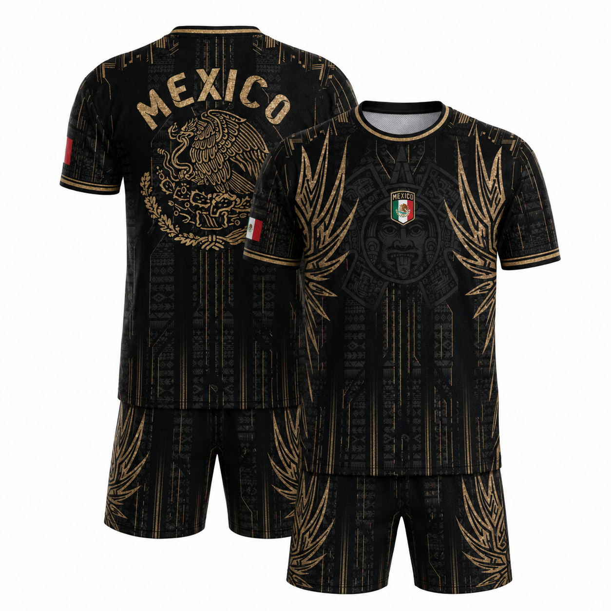 SJ-283-Adult/Youth Black Gold Mexico Aztec Calendar Clothing Set Graphic Soccer Jersey Cultural Pride Matching Apparel FREE SHIPING