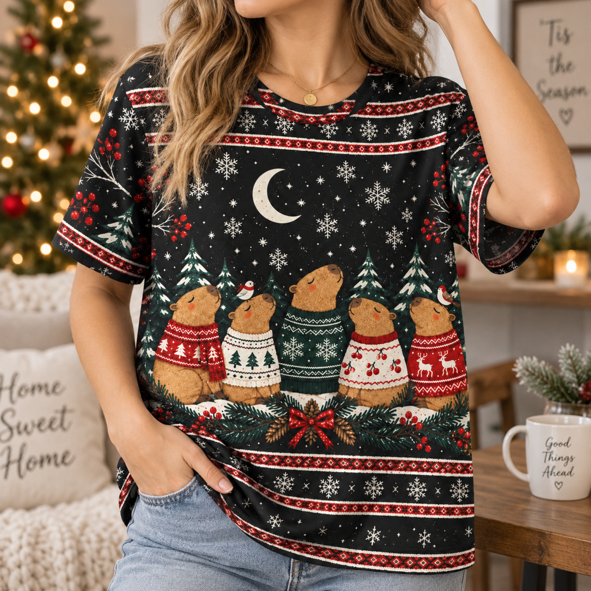 M2082-Christmas Capybara Ugly Sweater, Cozy Winter Snowflake Holiday Capybara Lover Gift