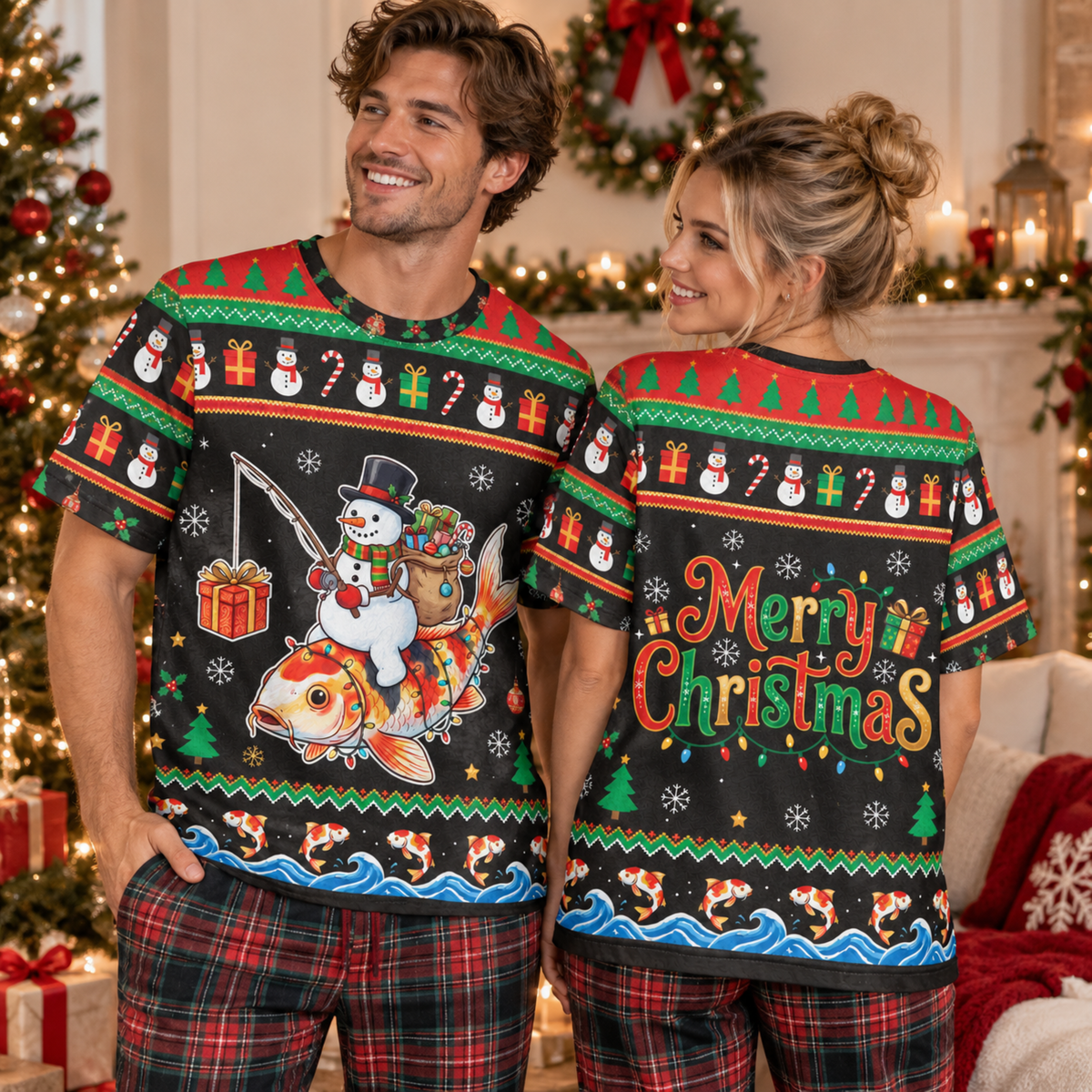 M2085-Christmas Snowman Koi Fish Collection, Funny Fishing Holiday Winter Festive Apparel