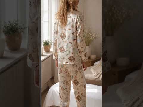 PJ-438-Cozy Book And Coffee Print Cream Satin Button Down Sleepwear Pajama Lounge Matching Set